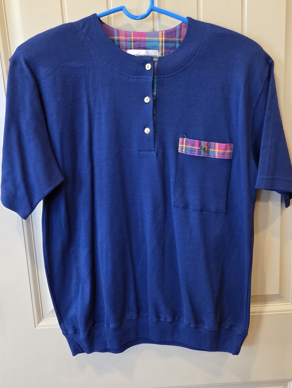 NWT Vintage Cathy Daniels Blue Cotton Henley Top Plaid Trim Large 90s